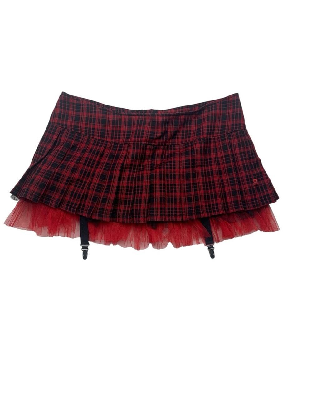 Royal Bones size XL tripp Red Plaid Pleated Mini Skirt micro Tulle Hem garter